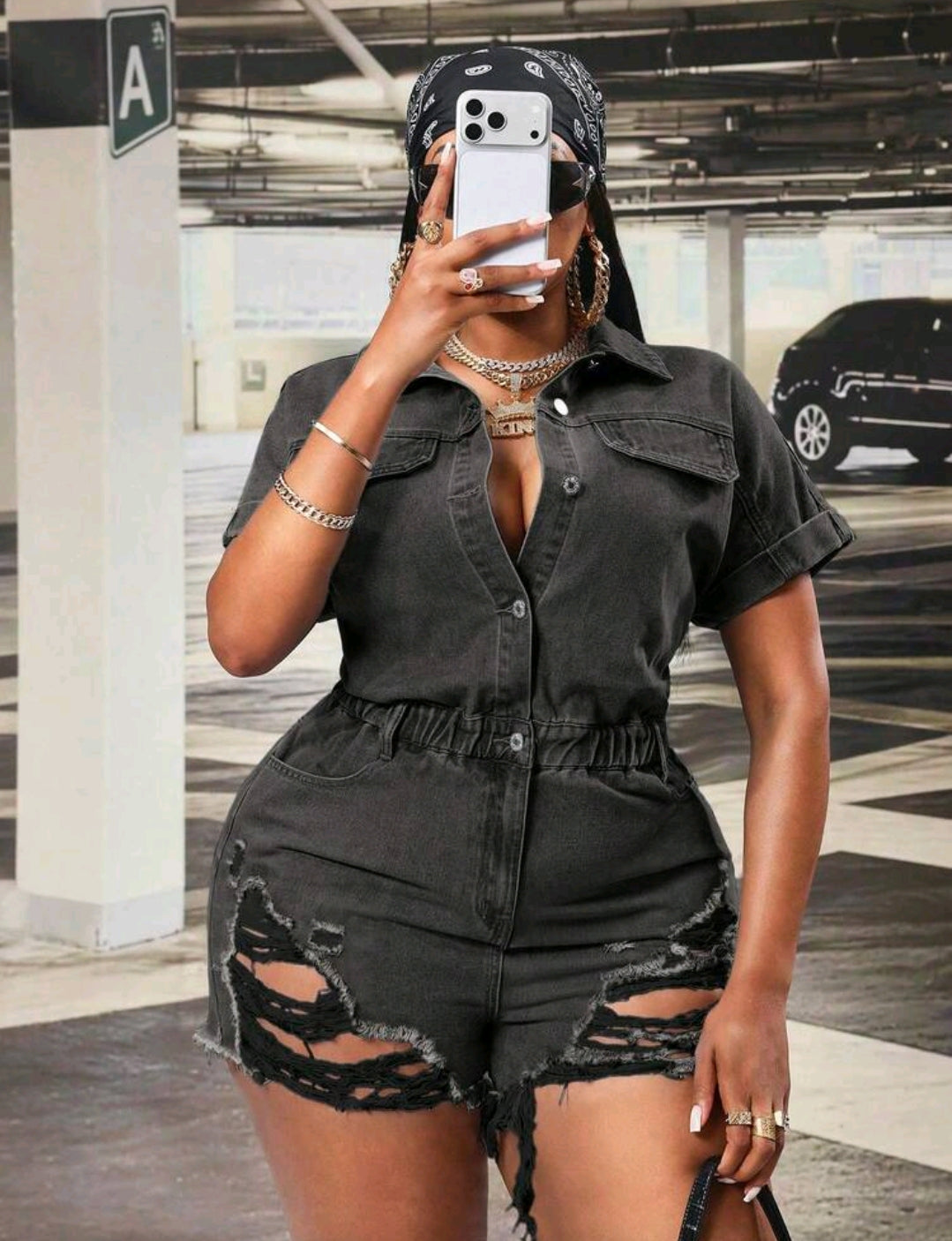 Short black jean romper 1XL