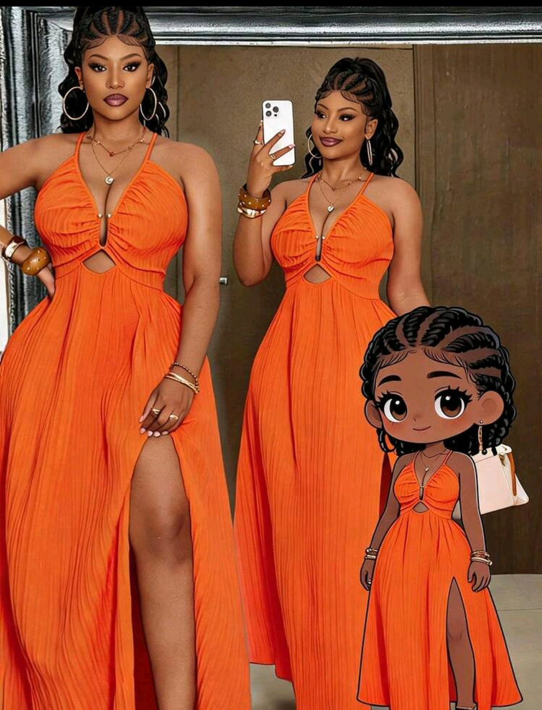 Orange long flare dress with split 1XL